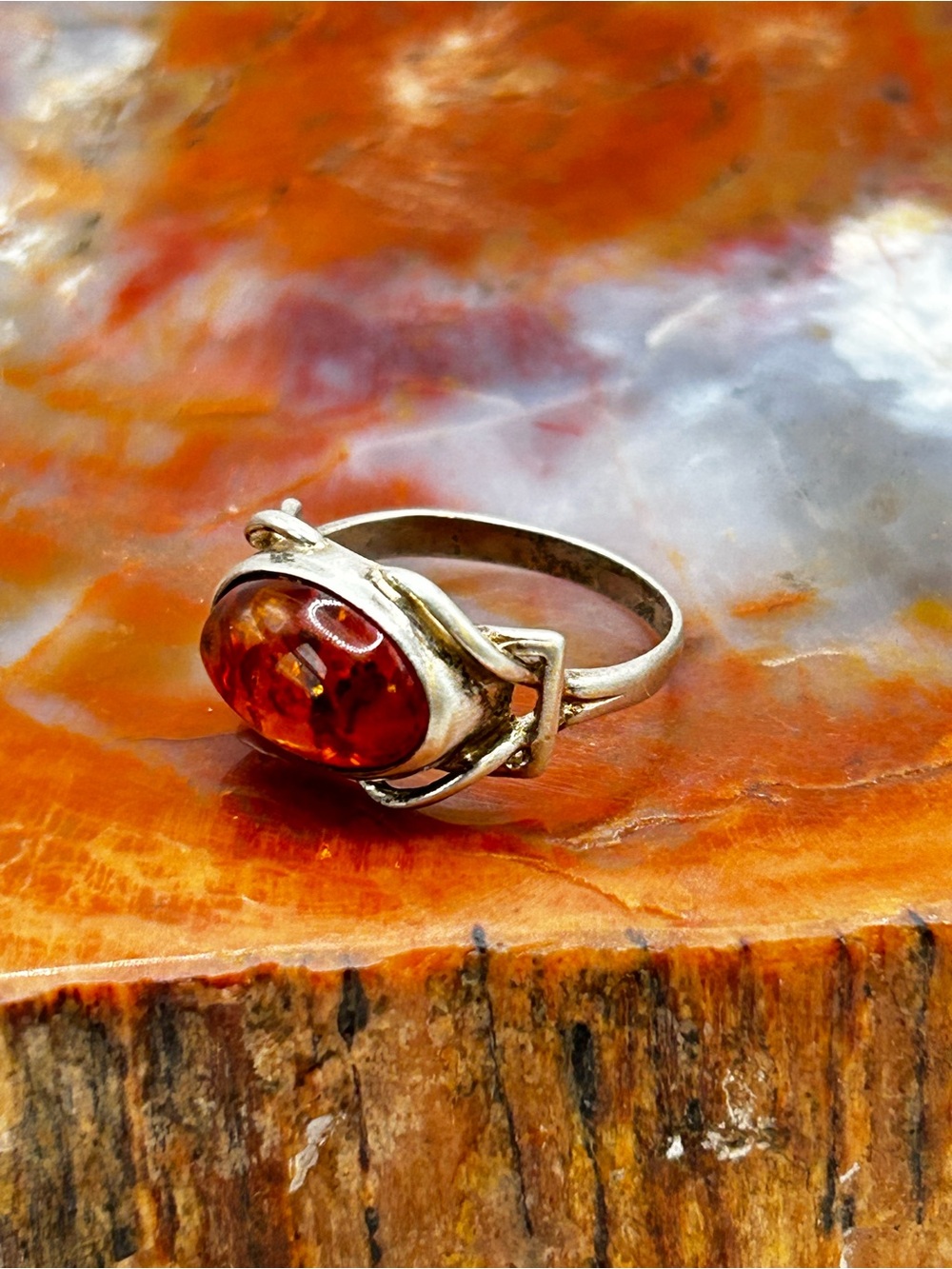 Dainty Sterling Silver Amber Ring - size 5, very light